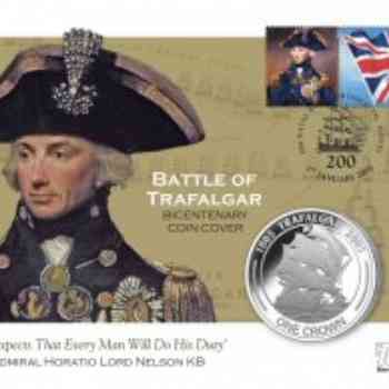 Click para ampliar. Pulsa en el nombre para ver la ficha. Sello y moneda del bicentenario de Trafalgar